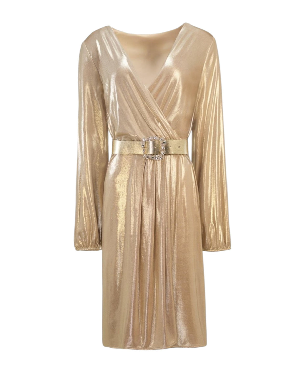 METALLIC DRAPED BELTED DRESS