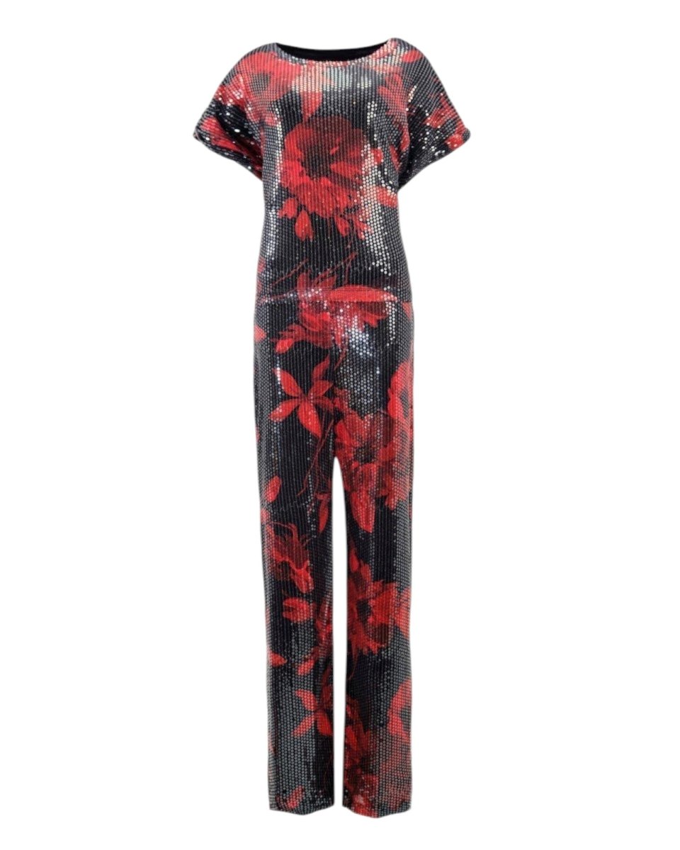 BLACK AND RED FLORAL SEQUIN TOP AND PANTS SET