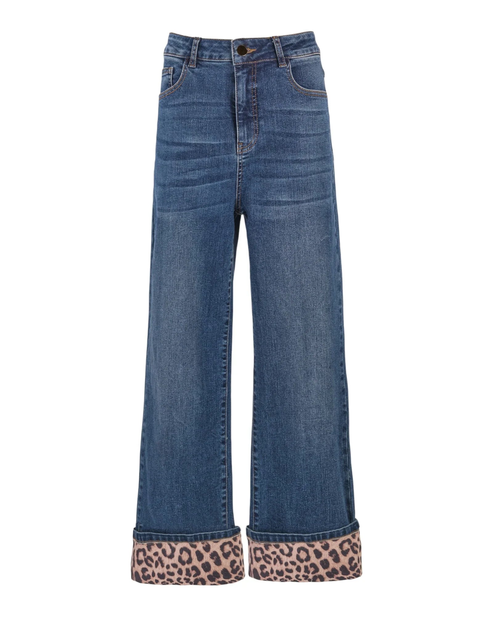 WIDE-LEG DENIM PANTS LEOPARD CUFF