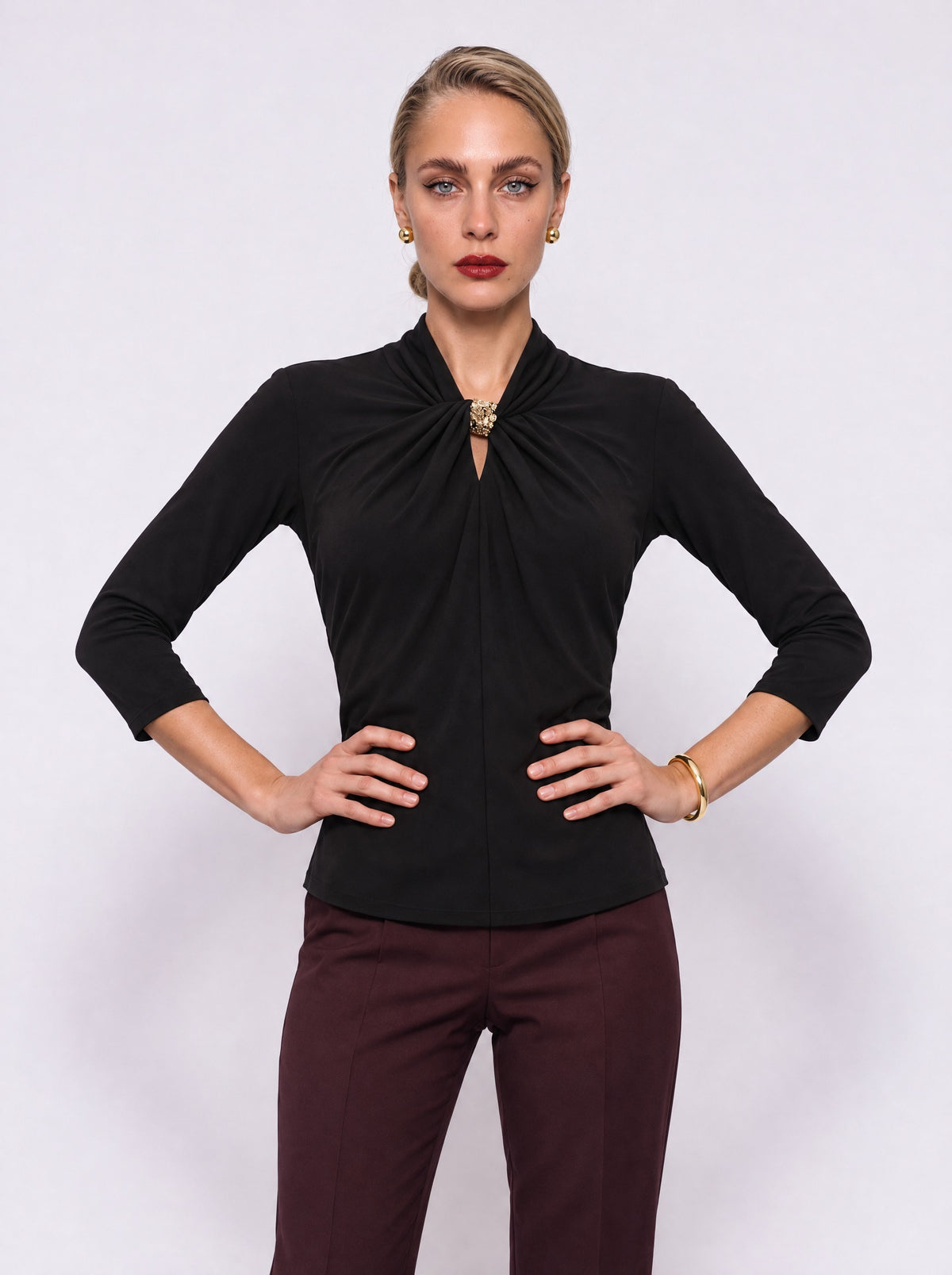 TWIST-NECK DRAPED JERSEY BLOUSE