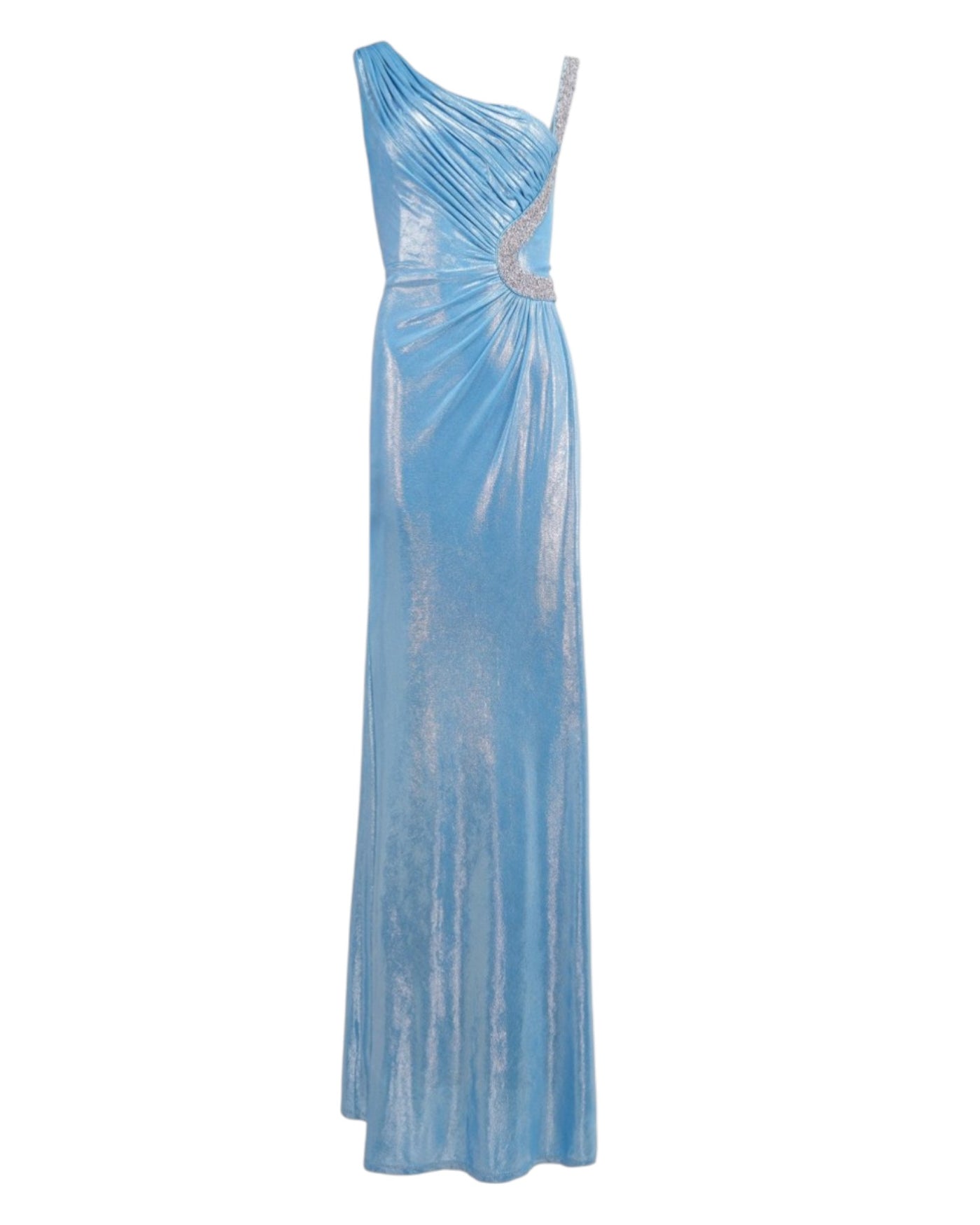 ASYMMETRIC METALLIC DRAPE GOWN