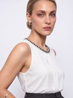 JEWELLED NECKLINE SLEEVELESS CREPE BLOUSE