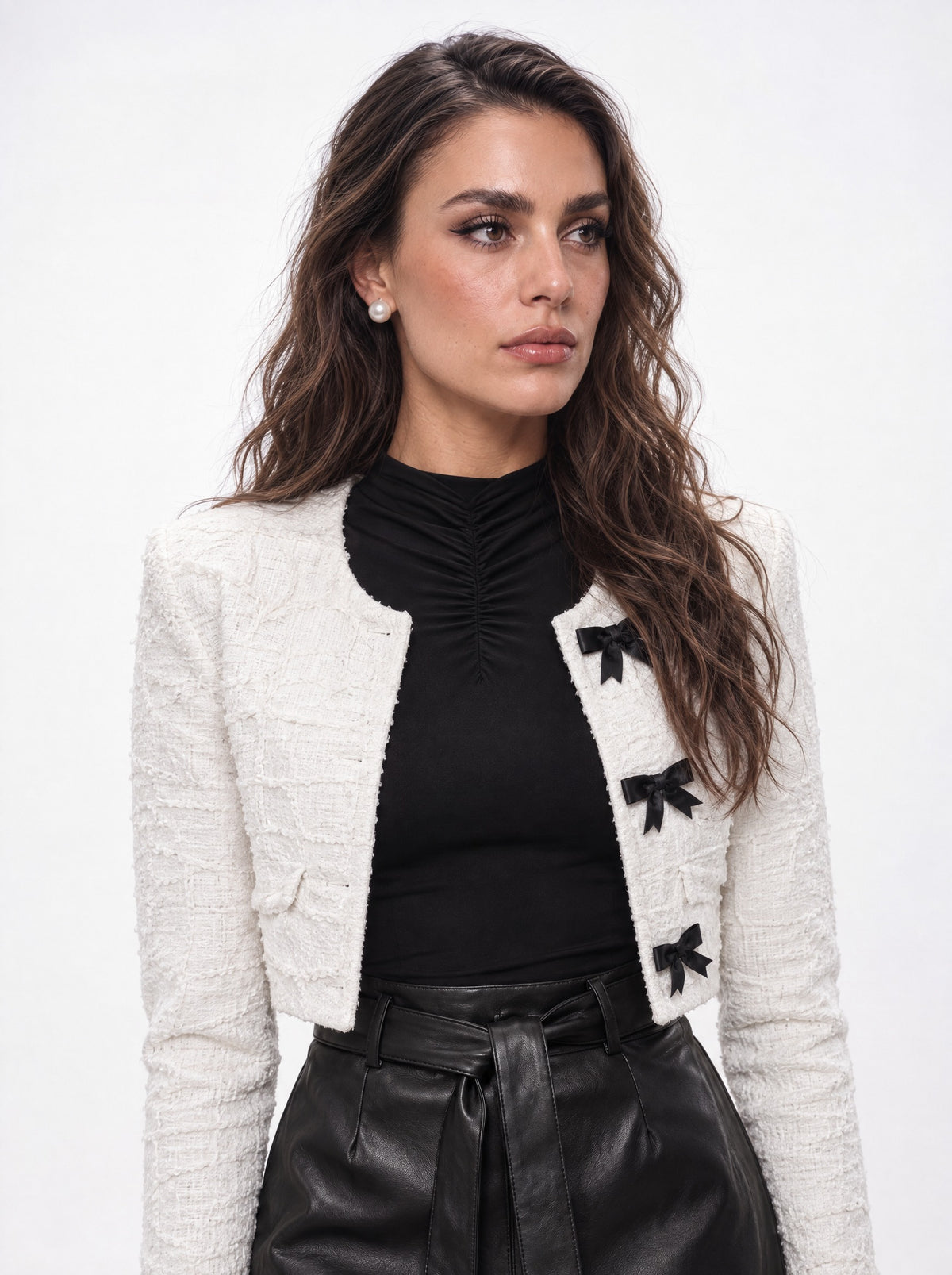 TEXTURED CROPPED JACKET BOW DETAIL
