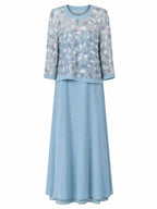 EMBROIDERED SHEER OVERLAY EVENING DRESS