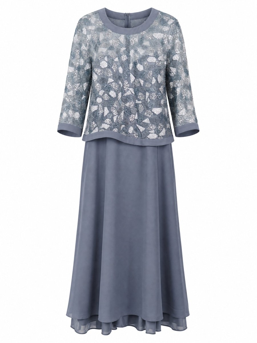 EMBROIDERED SHEER OVERLAY EVENING DRESS