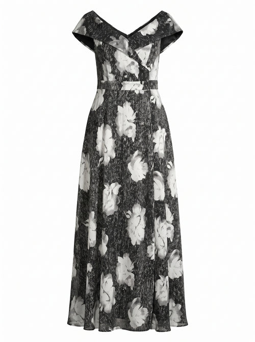 FOLDED OFF-SHOULDER FLORAL MIDI DRESS