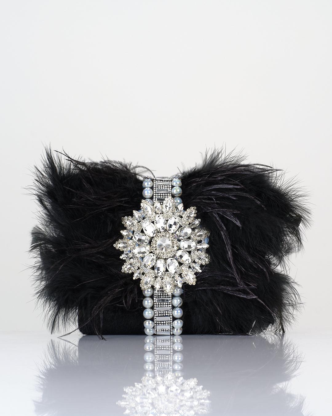 Crystal Embellished Handbag with Feather Trim