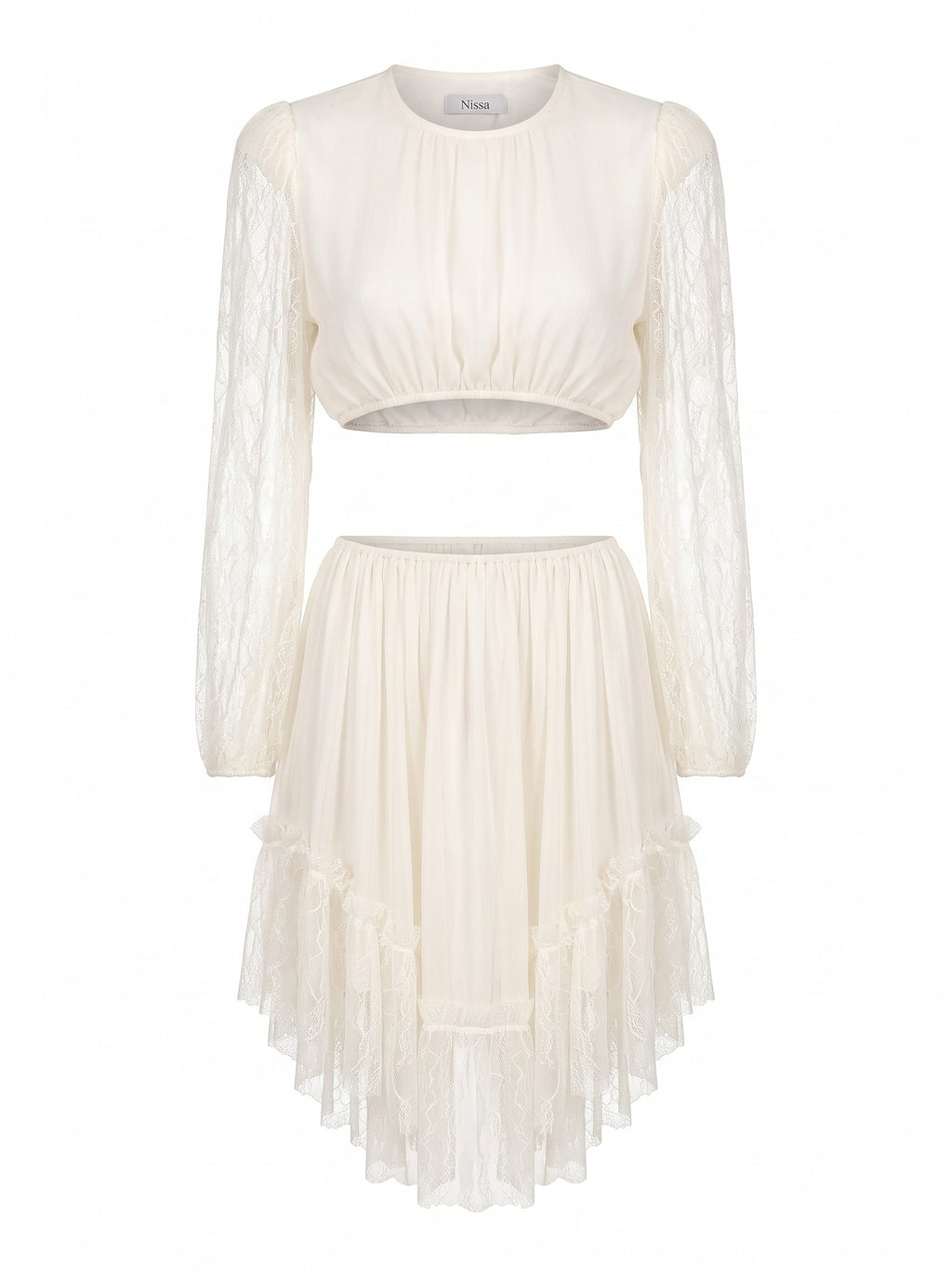 LACE-SLEEVE RING-WAIST CUTOUT MINI DRESS