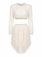 LACE-SLEEVE RING-WAIST CUTOUT MINI DRESS