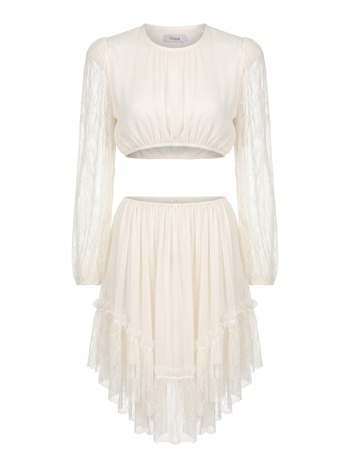 LACE-SLEEVE RING-WAIST CUTOUT MINI DRESS