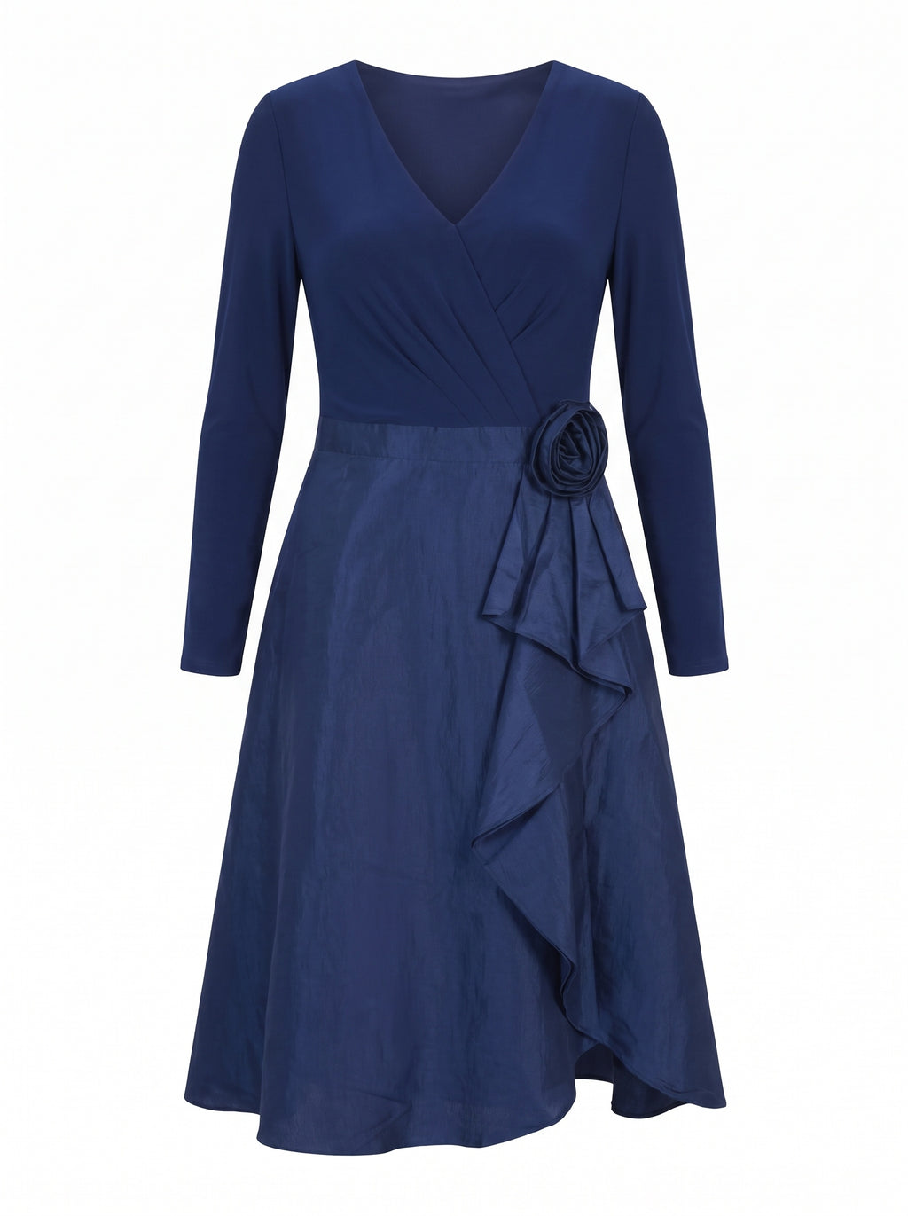 ROSETTE RUFFLE FAUX WRAP MIDI DRESS