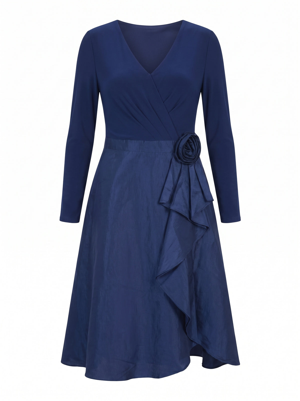 ROSETTE RUFFLE FAUX WRAP MIDI DRESS