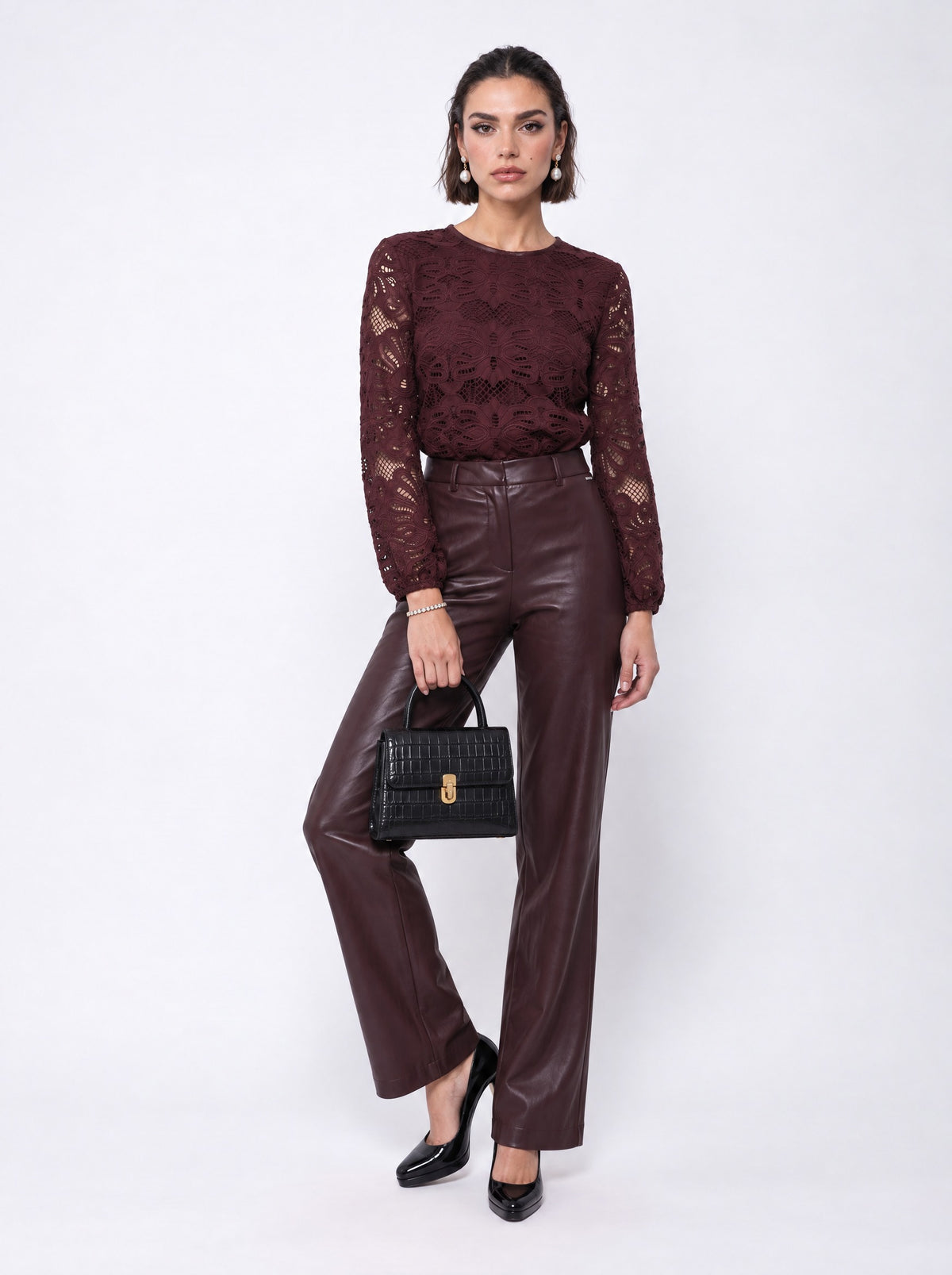 LACE TOP AND FAUX LEATHER TROUSER SET