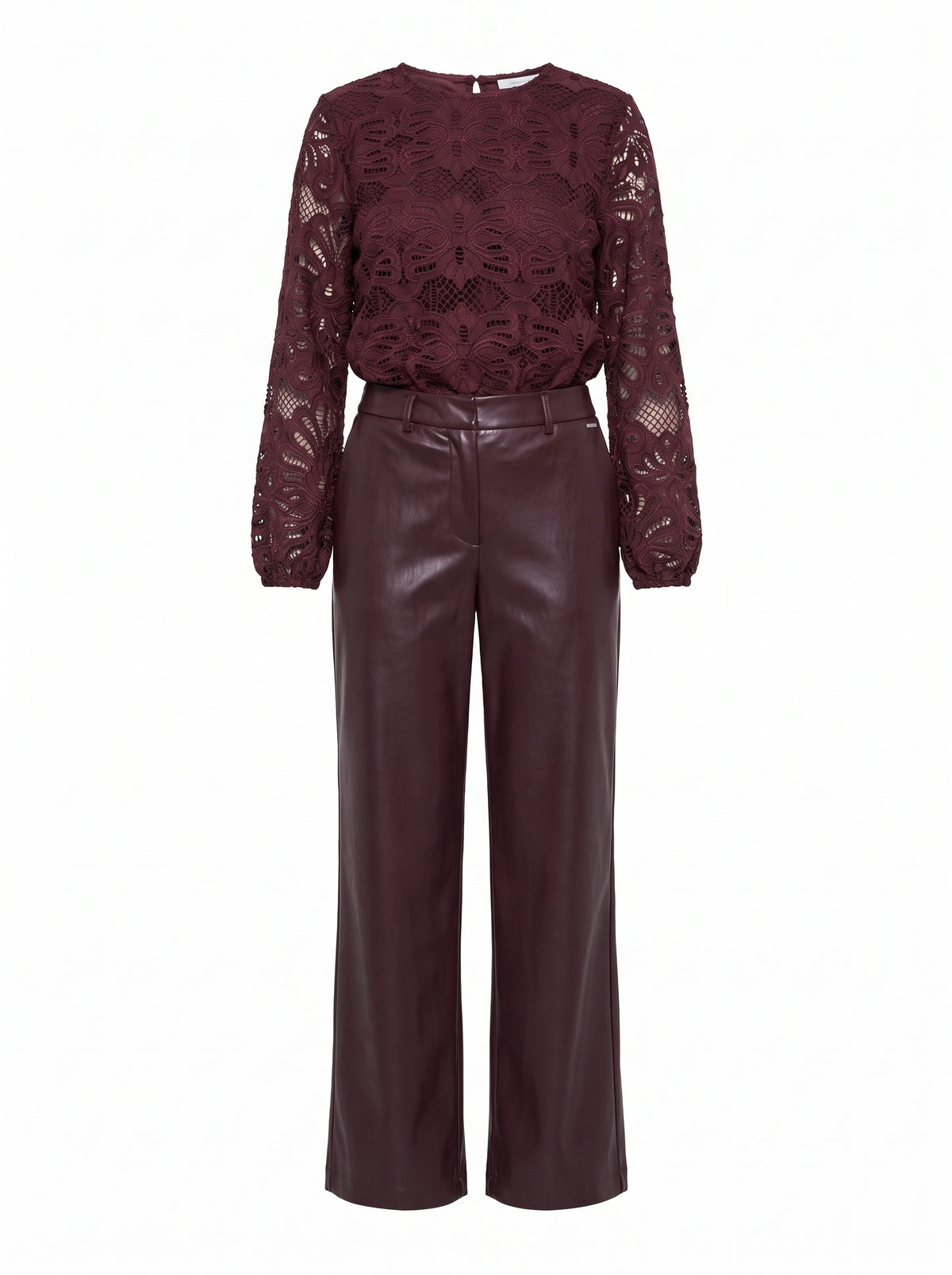LACE TOP AND FAUX LEATHER TROUSER SET