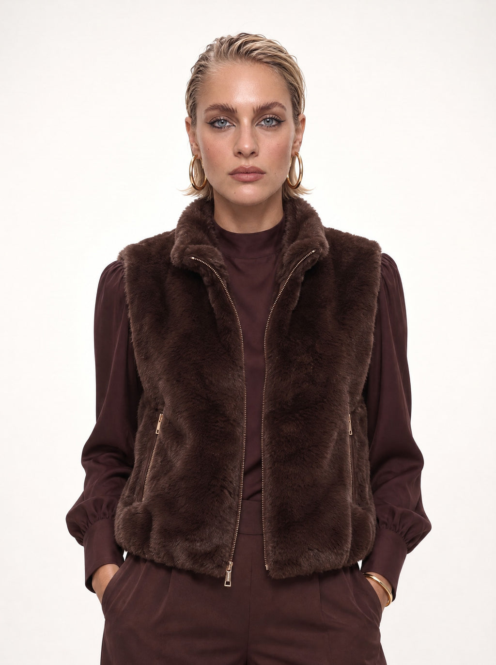 FAUX FUR ZIP-FRONT STAND COLLAR VEST