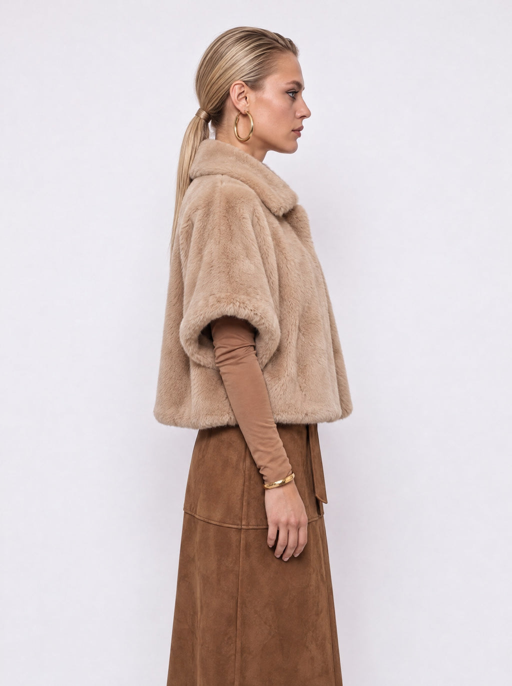 FAUX FUR CAPE COAT WITH POINTED COLLAR