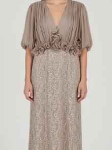 PLEATED BLOUSON LACE MIDI DRESS
