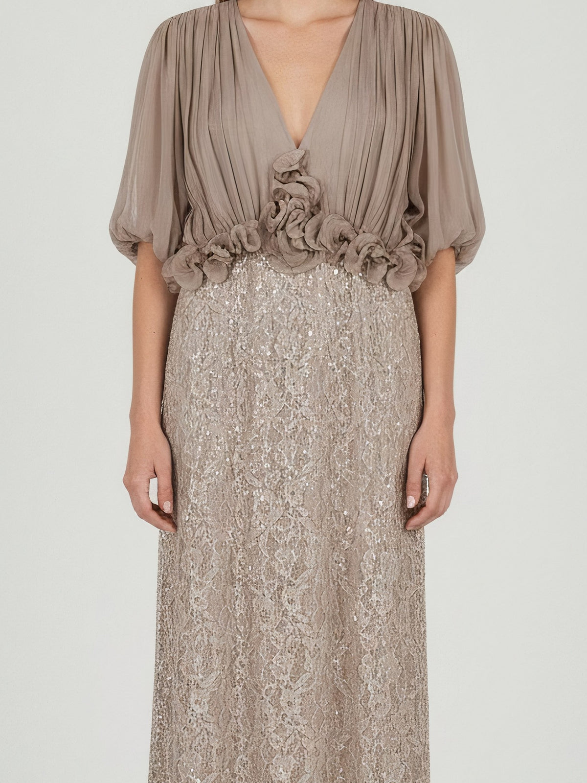 PLEATED BLOUSON LACE MIDI DRESS
