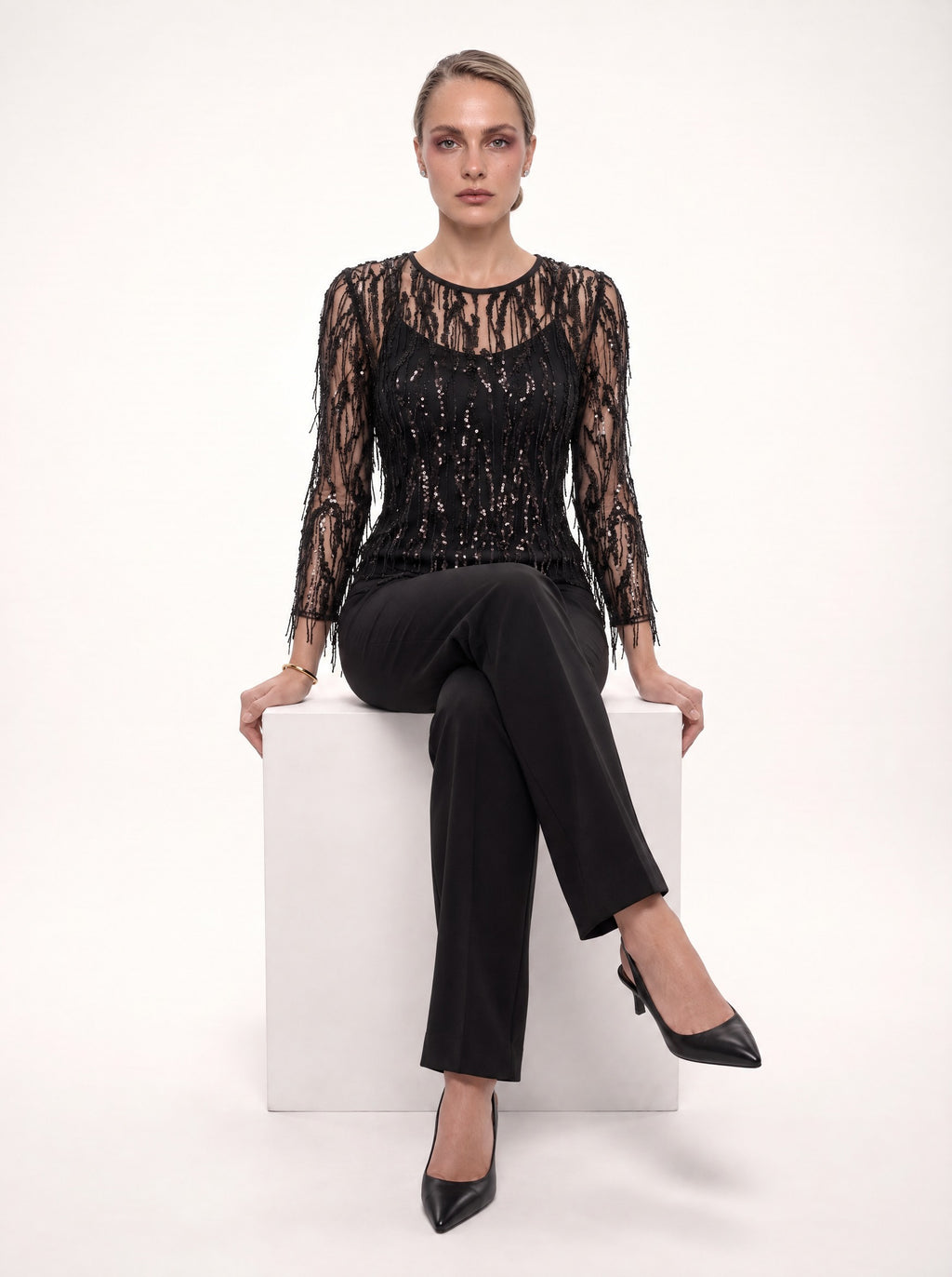 SEQUIN FRINGE HEM SHEER BLOUSE