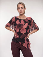 FLORAL CHIFFON OVERLAY BATWING BLOUSE