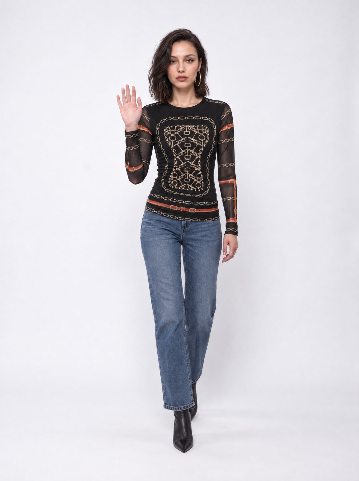 CHAIN PRINT SHEER MESH KNIT TOP