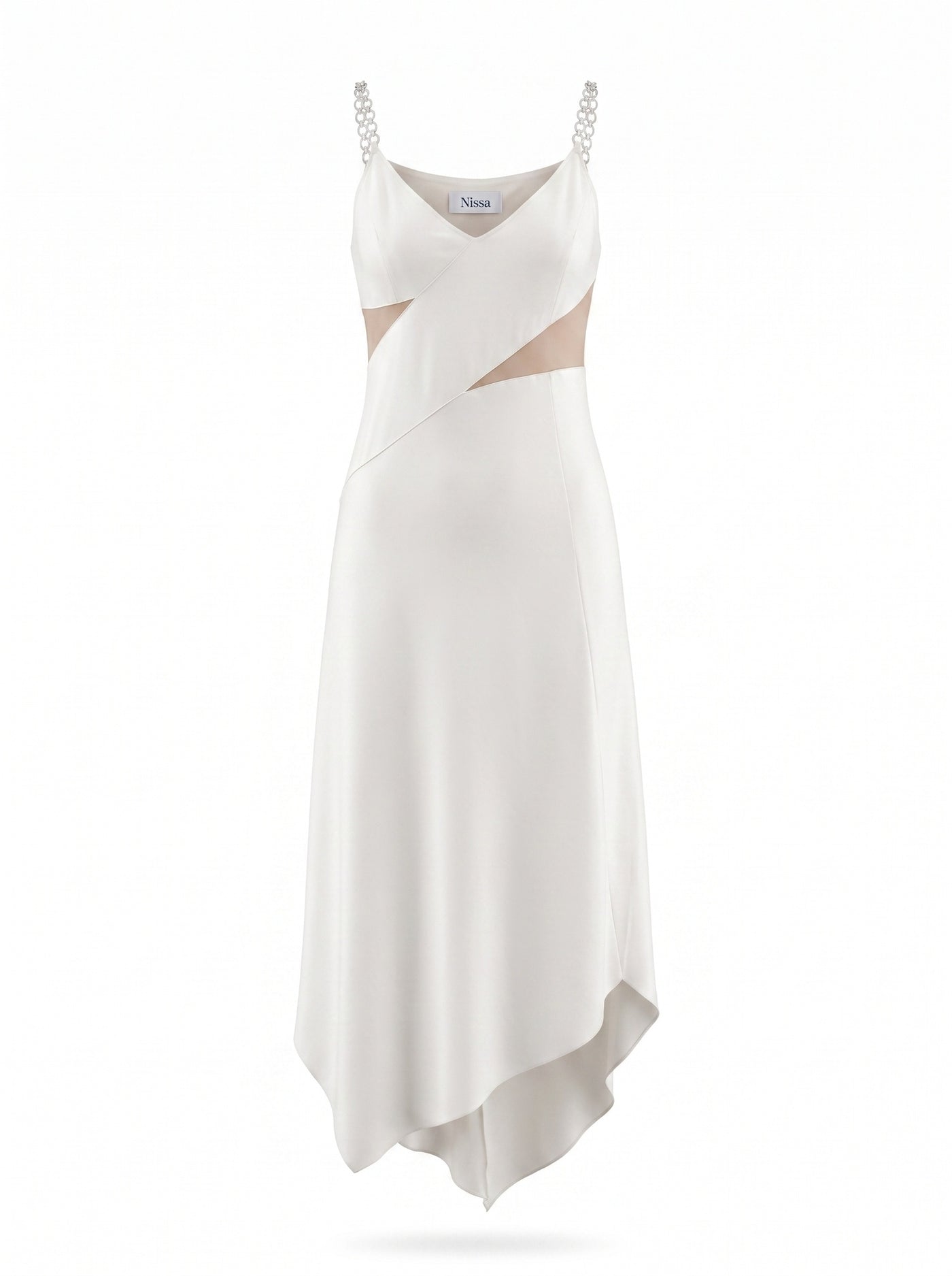ASYMMETRIC SATIN SLIP DRESS WITH CRYSTAL STRAPS