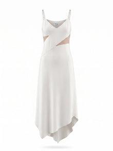 ASYMMETRIC SATIN SLIP DRESS WITH CRYSTAL STRAPS