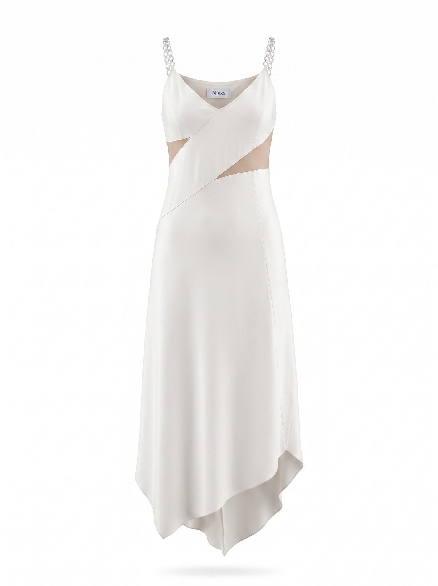 ASYMMETRIC SATIN SLIP DRESS WITH CRYSTAL STRAPS
