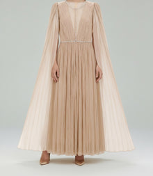 CRYSTAL-TRIM PLEATED CAPE SLEEVE GOWN