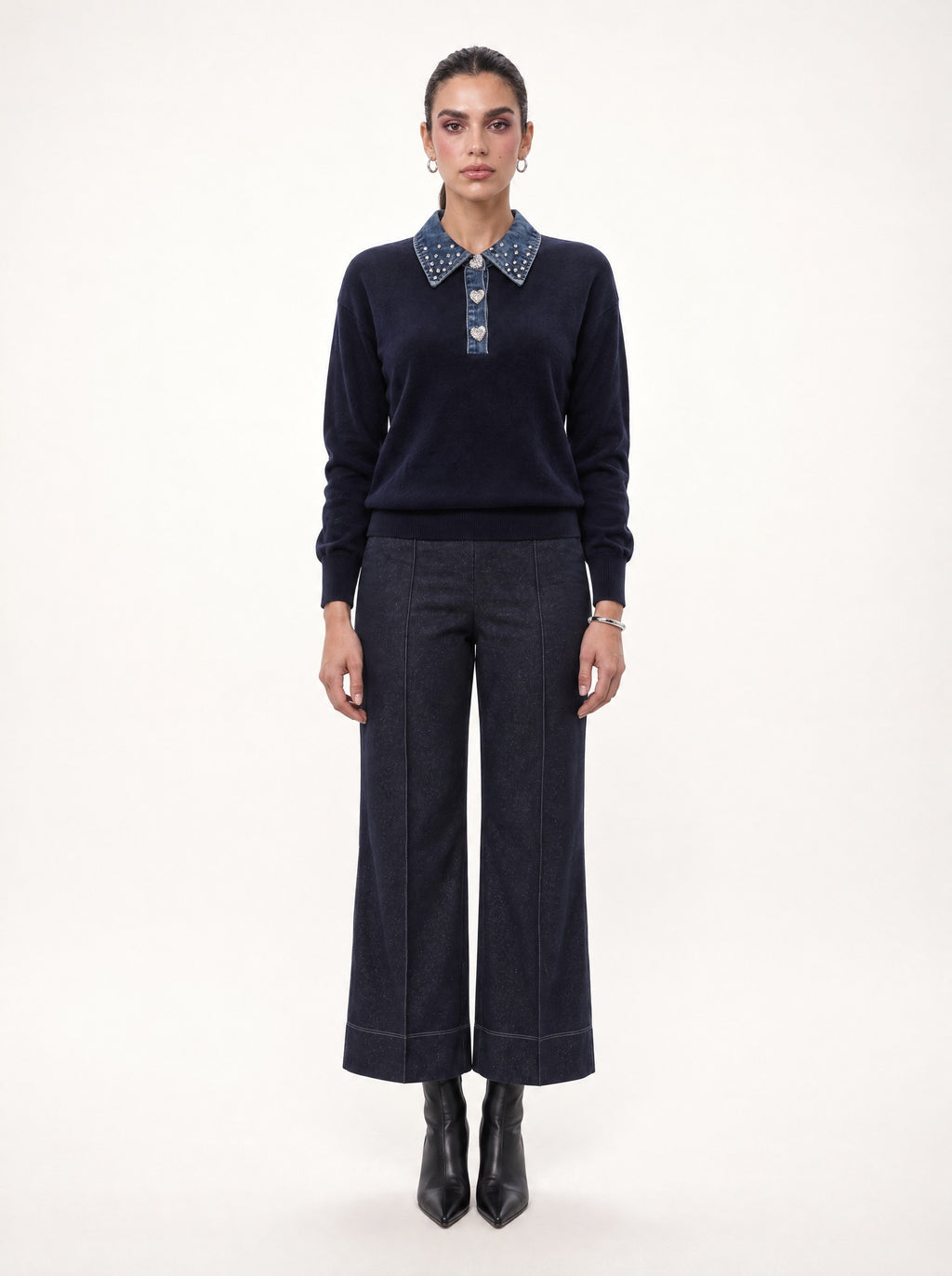 DENIM COLLAR EMBELLISHED KNIT SWEATER