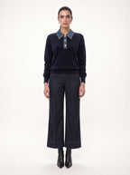 DENIM COLLAR EMBELLISHED KNIT SWEATER