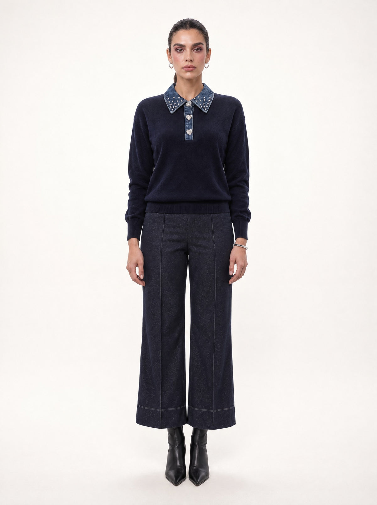 DENIM COLLAR EMBELLISHED KNIT SWEATER
