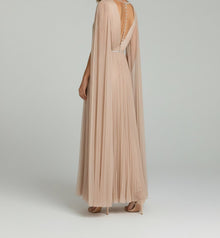 CRYSTAL-TRIM PLEATED CAPE SLEEVE GOWN