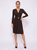 FAUX WRAP BUCKLE-WAIST MIDI DRESS