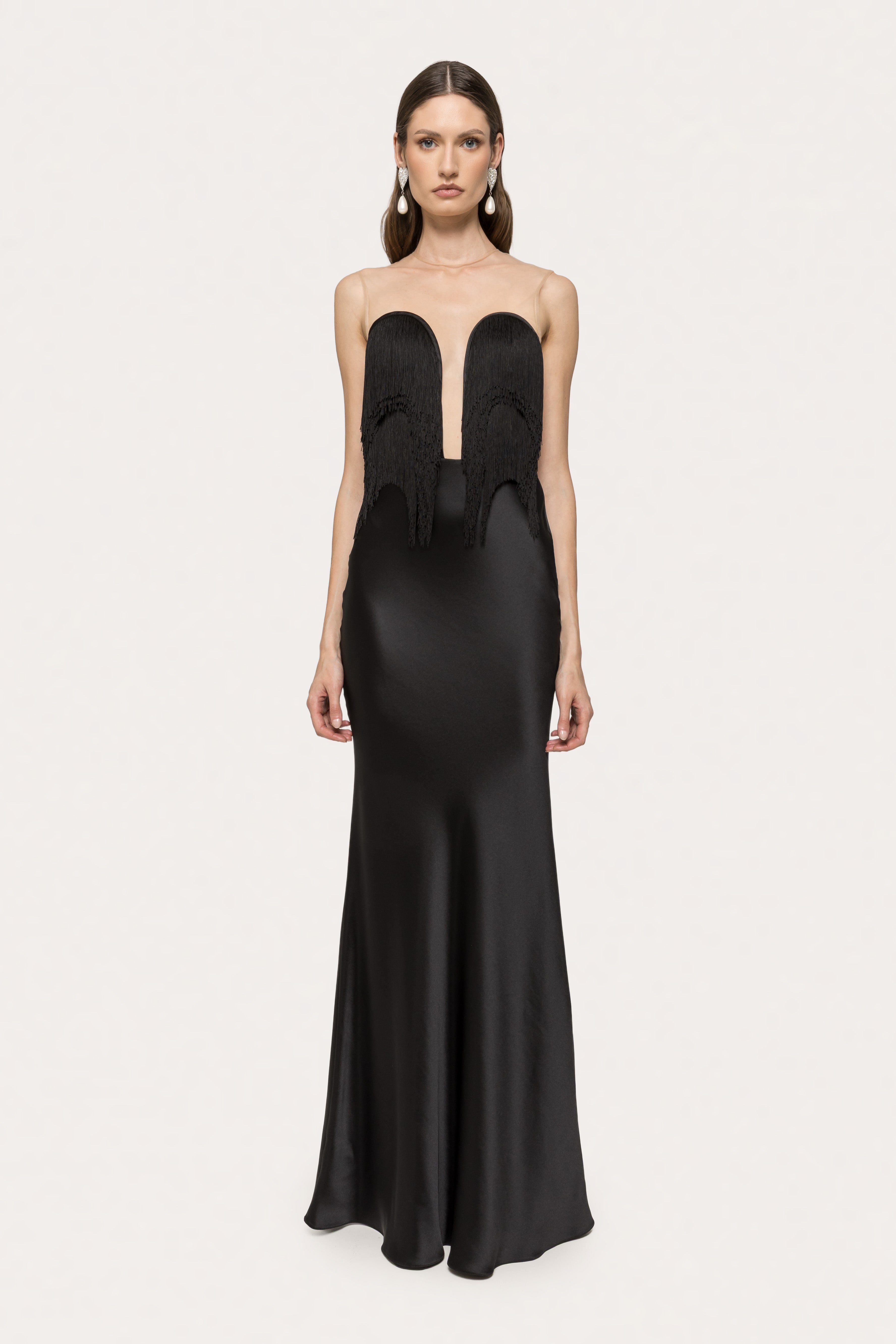 FRINGED SATIN LONG GOWN