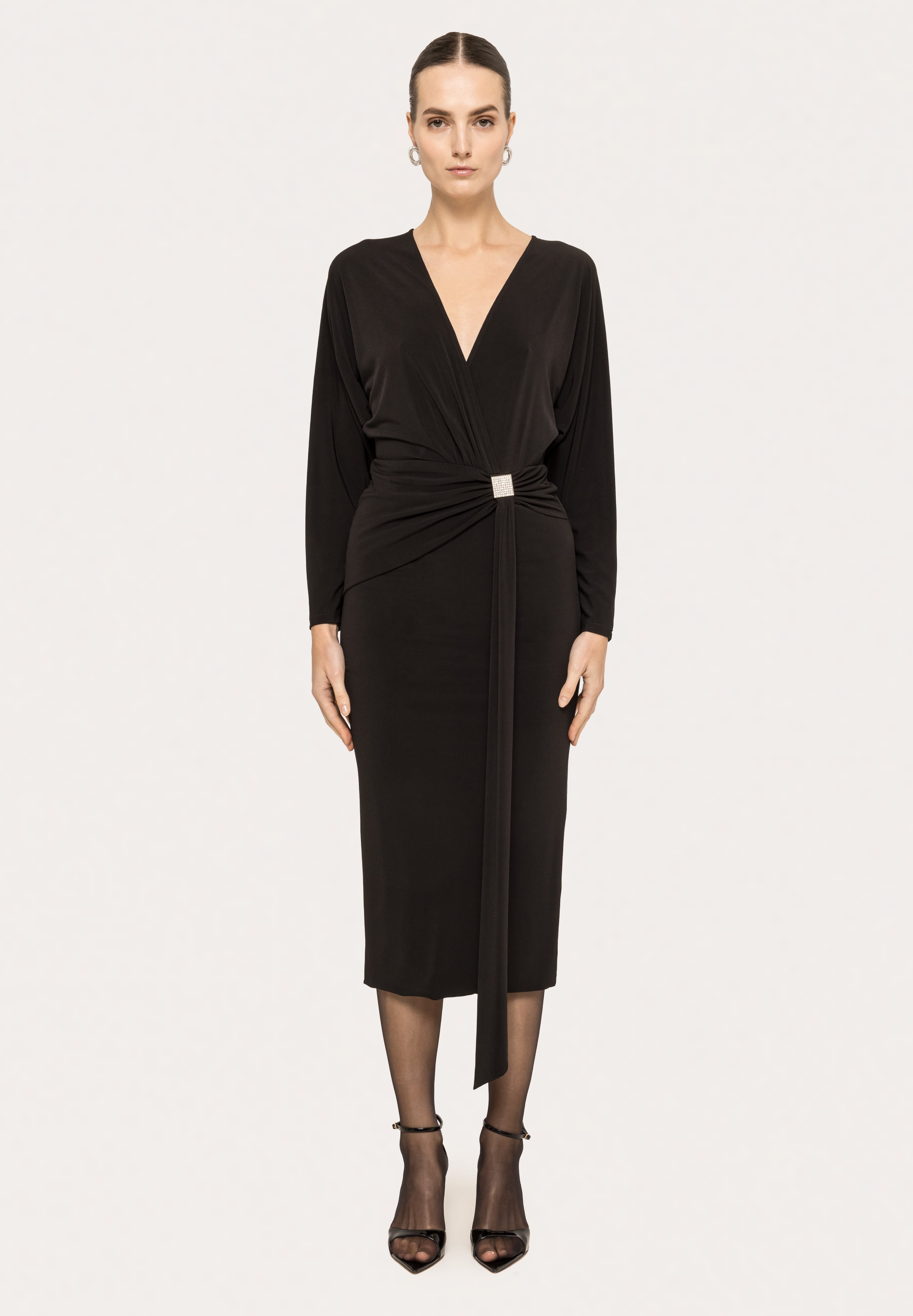 DRAPED V-NECK MIDI DRESS