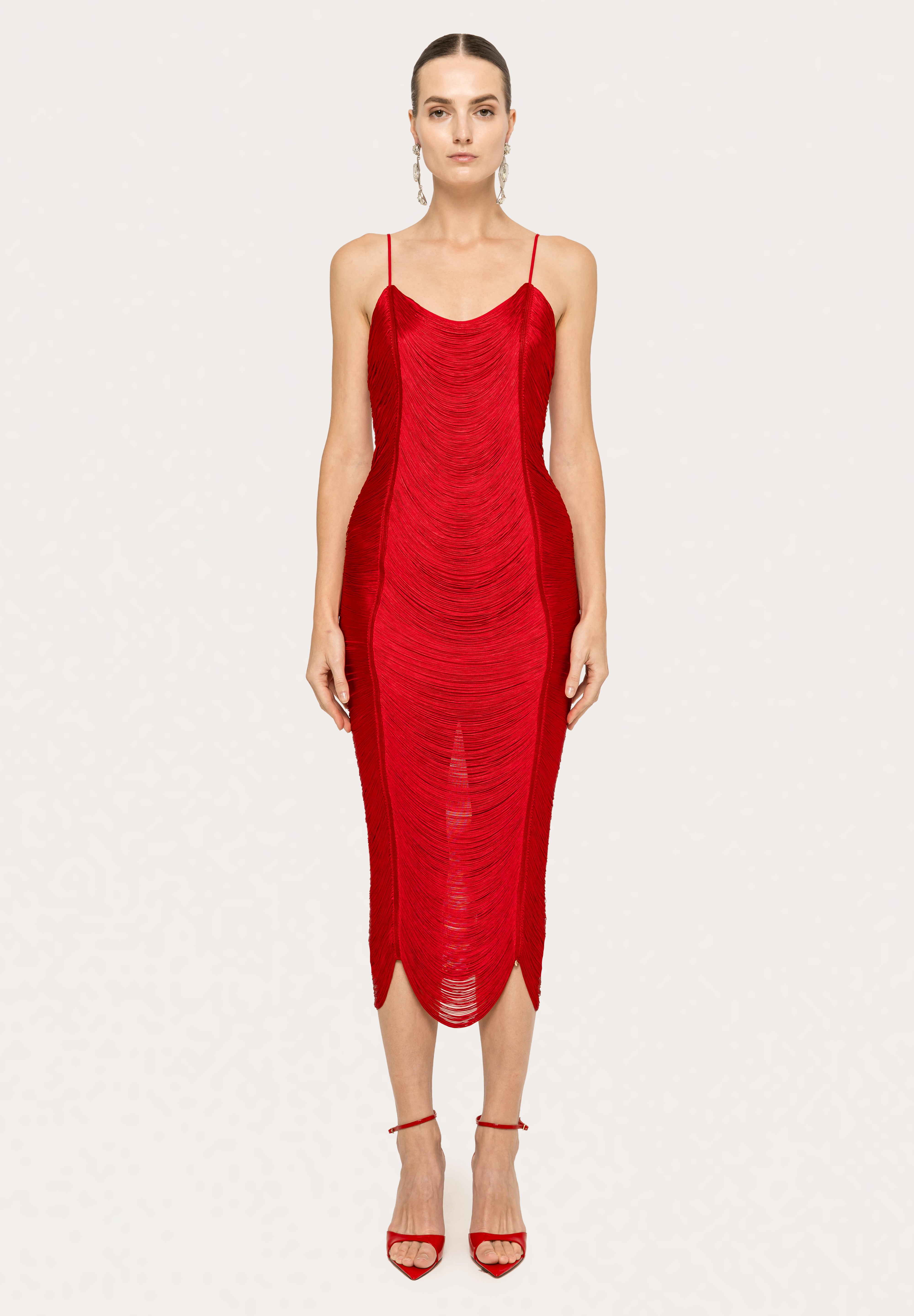 RED TEXTURED MIDI DRESS