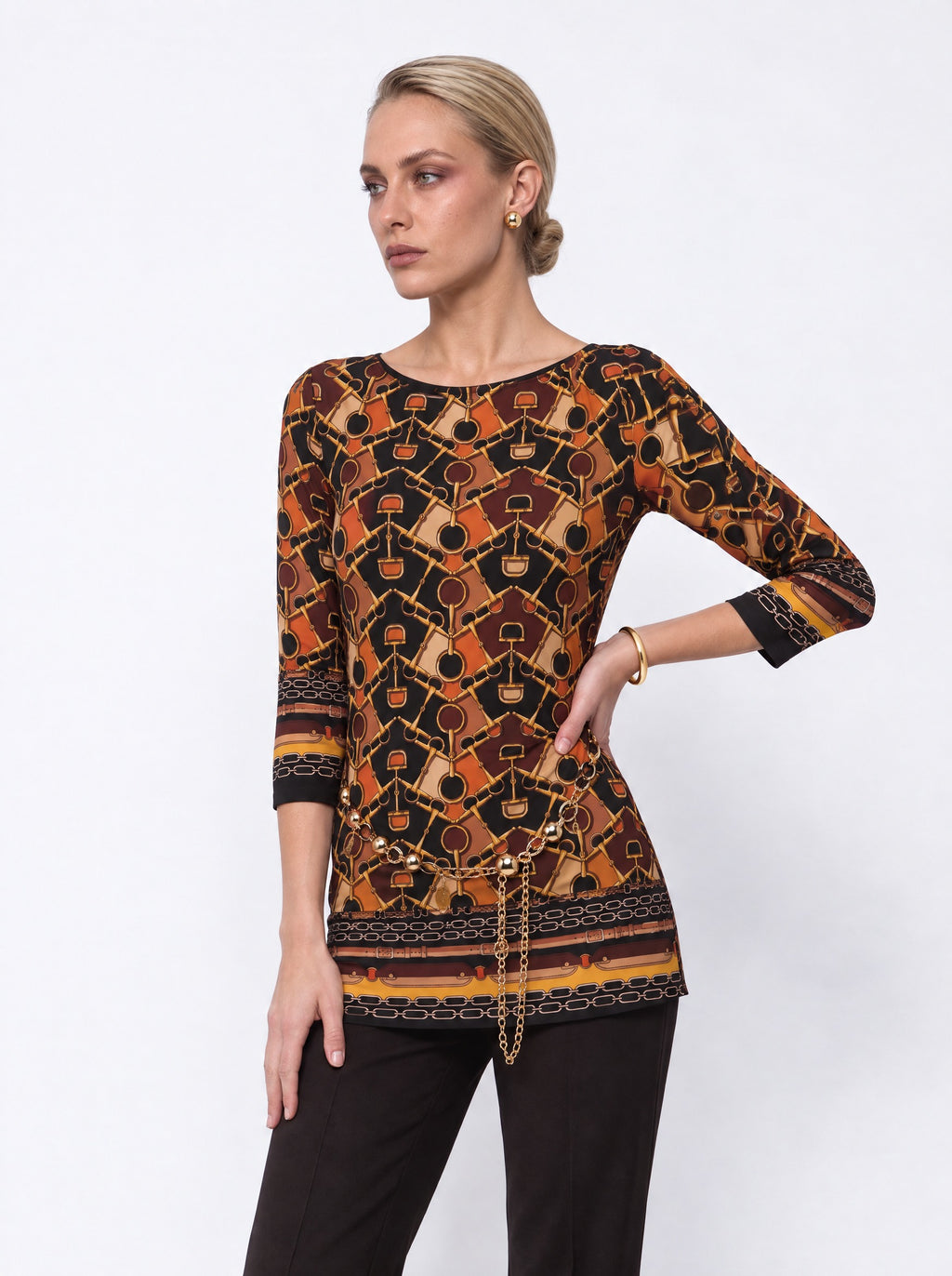 EQUESTRIAN PRINT CHAIN-DETAIL MINI DRESS