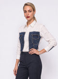 CRYSTAL-STUDDED DENIM PANEL SHIRT