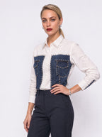 CRYSTAL-STUDDED DENIM PANEL SHIRT