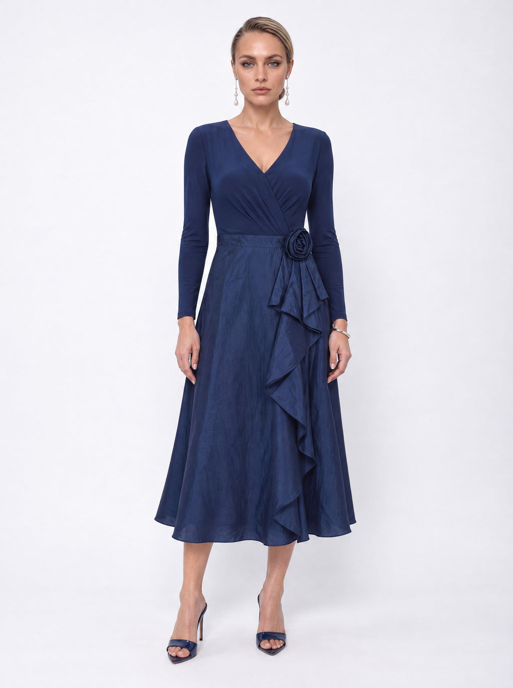 ROSETTE RUFFLE FAUX WRAP MIDI DRESS