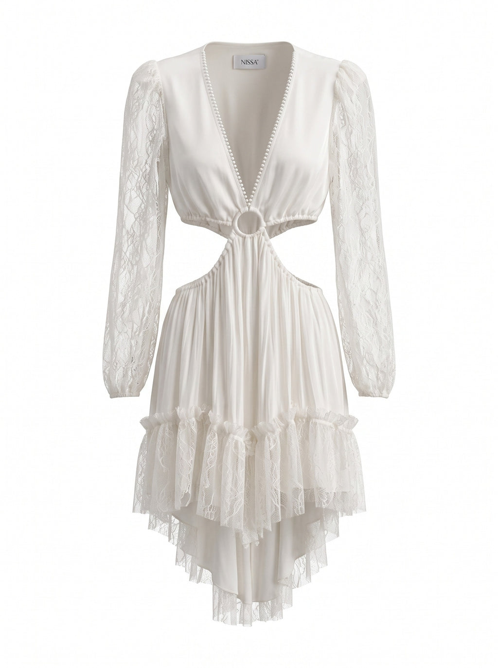 LACE-SLEEVE RING-WAIST CUTOUT MINI DRESS