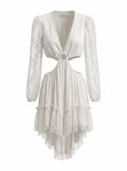 LACE-SLEEVE RING-WAIST CUTOUT MINI DRESS