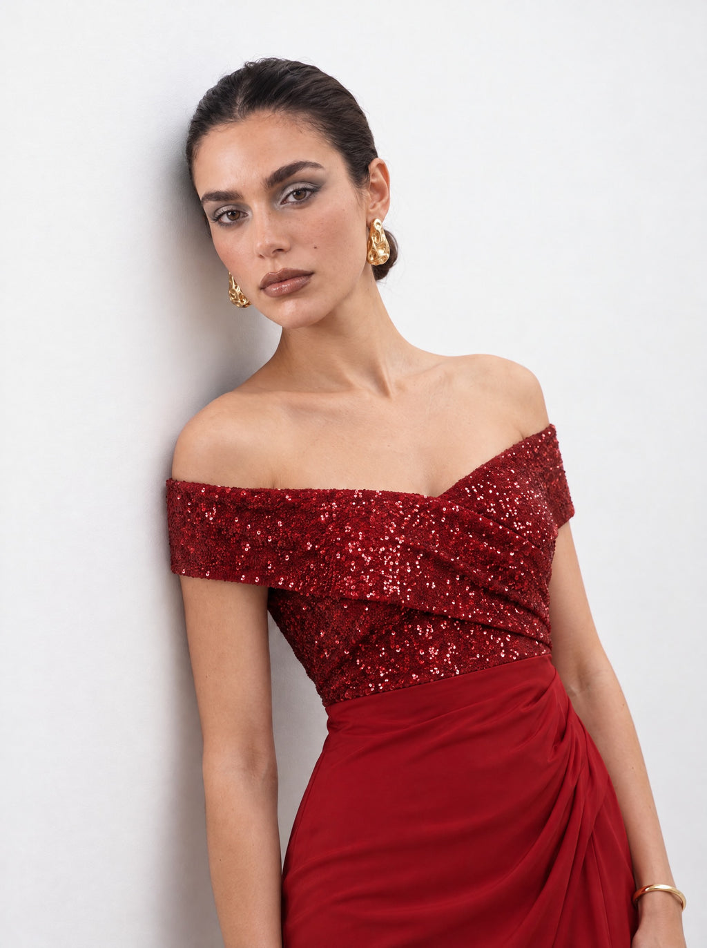 SEQUIN OFF-SHOULDER WRAP MAXI GOWN