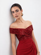 SEQUIN OFF-SHOULDER WRAP MAXI GOWN