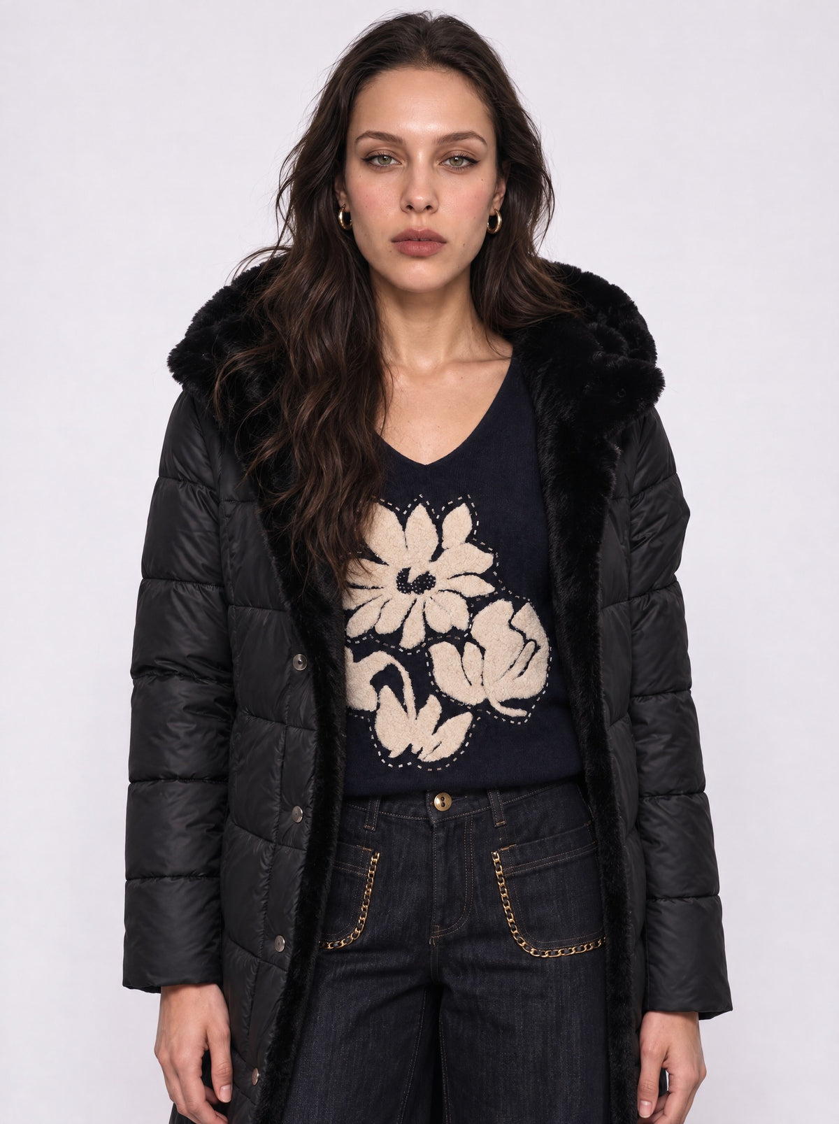 HOODED QUILTED FAUX FUR LINED COAT