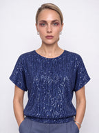 SEQUIN BANDED-HEM SHORT SLEEVE TOP