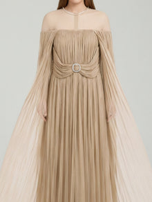 PLEATED CHIFFON CAPE GOWN