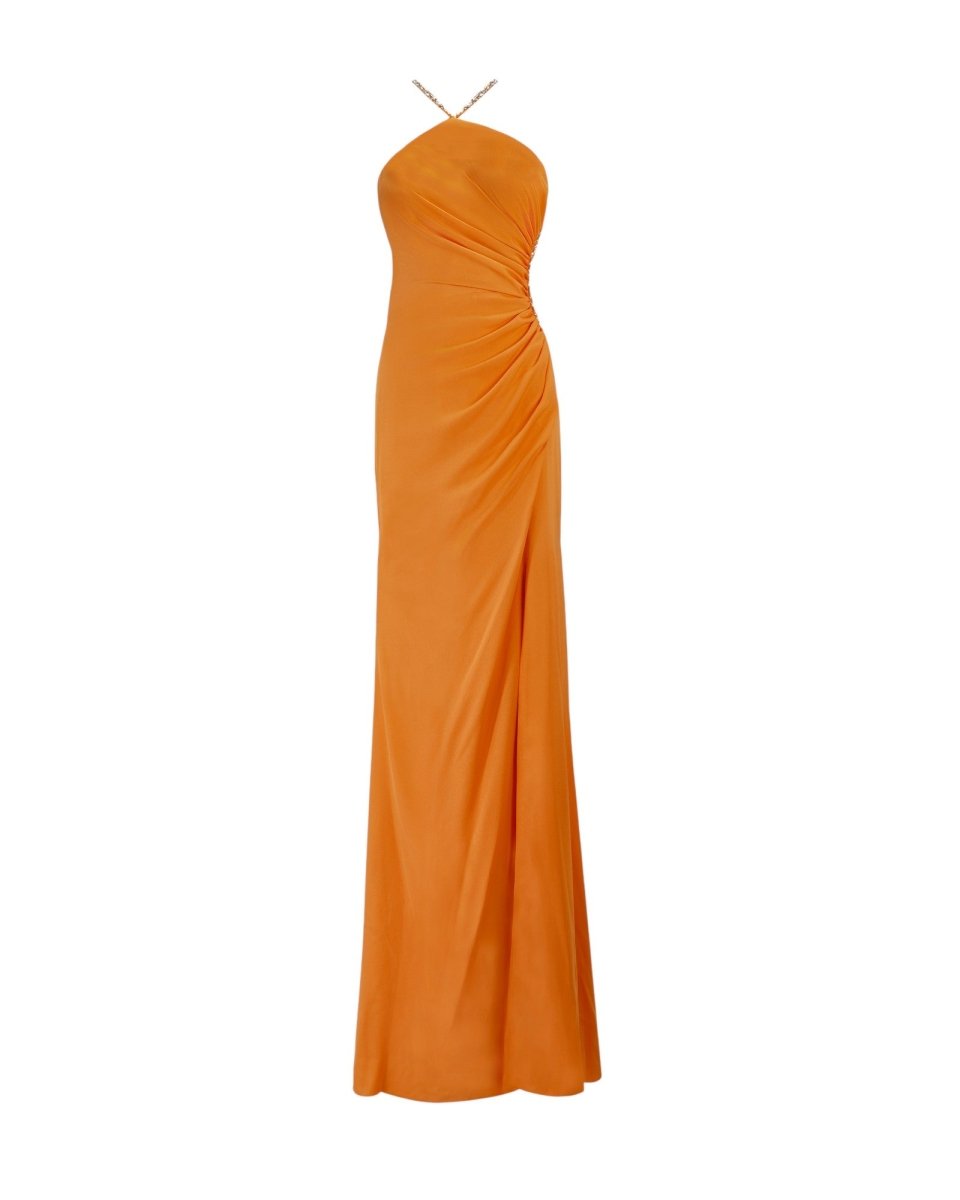 CHAIN HALTER DRAPED GOWN