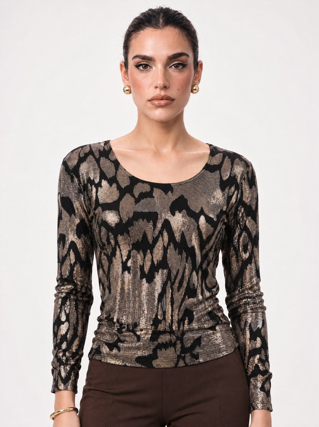METALLIC FOIL SCOOP-NECK GATHERED TOP